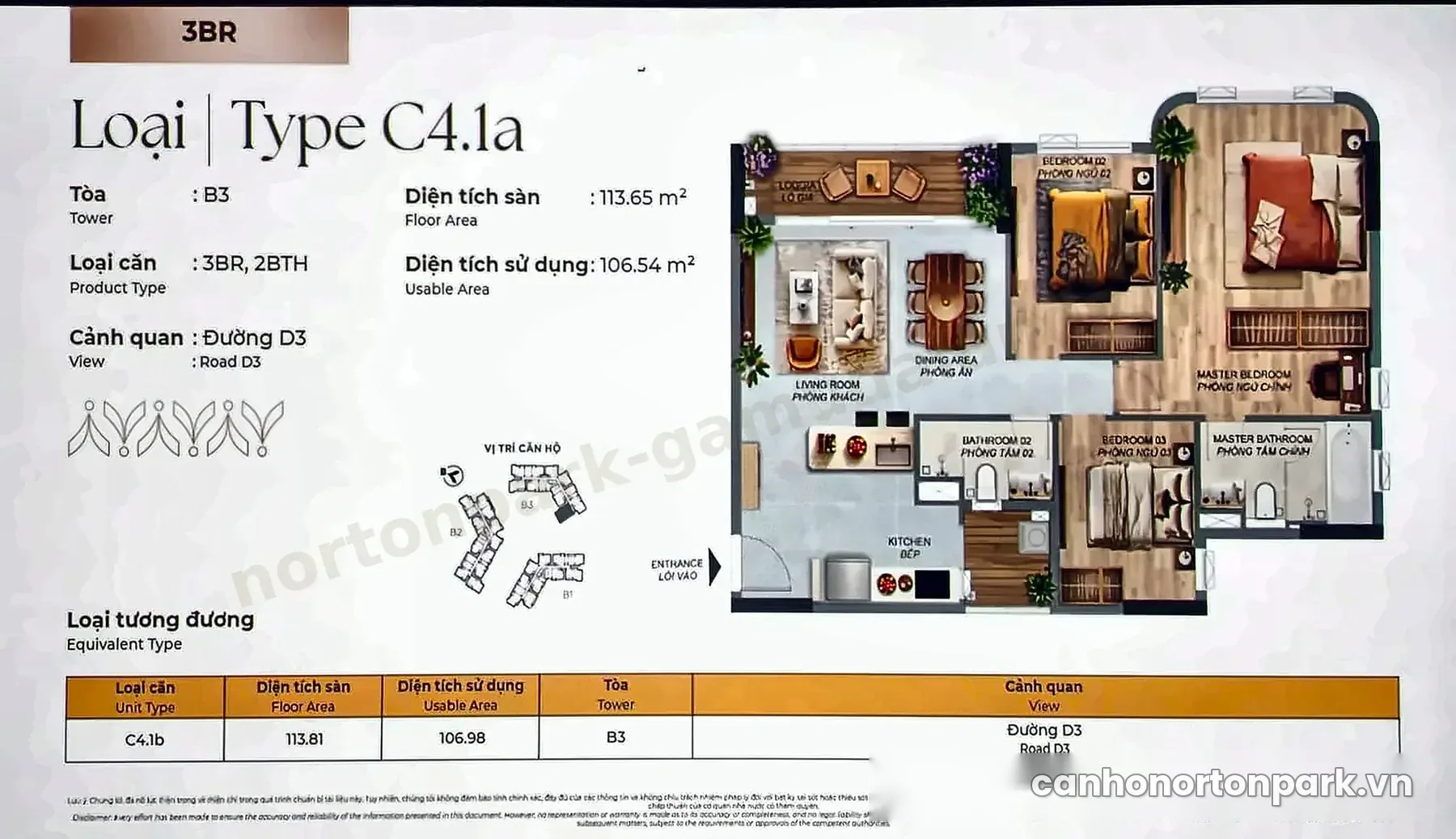 Layout căn 3PN C4.1a Norton Park 113,65 m²