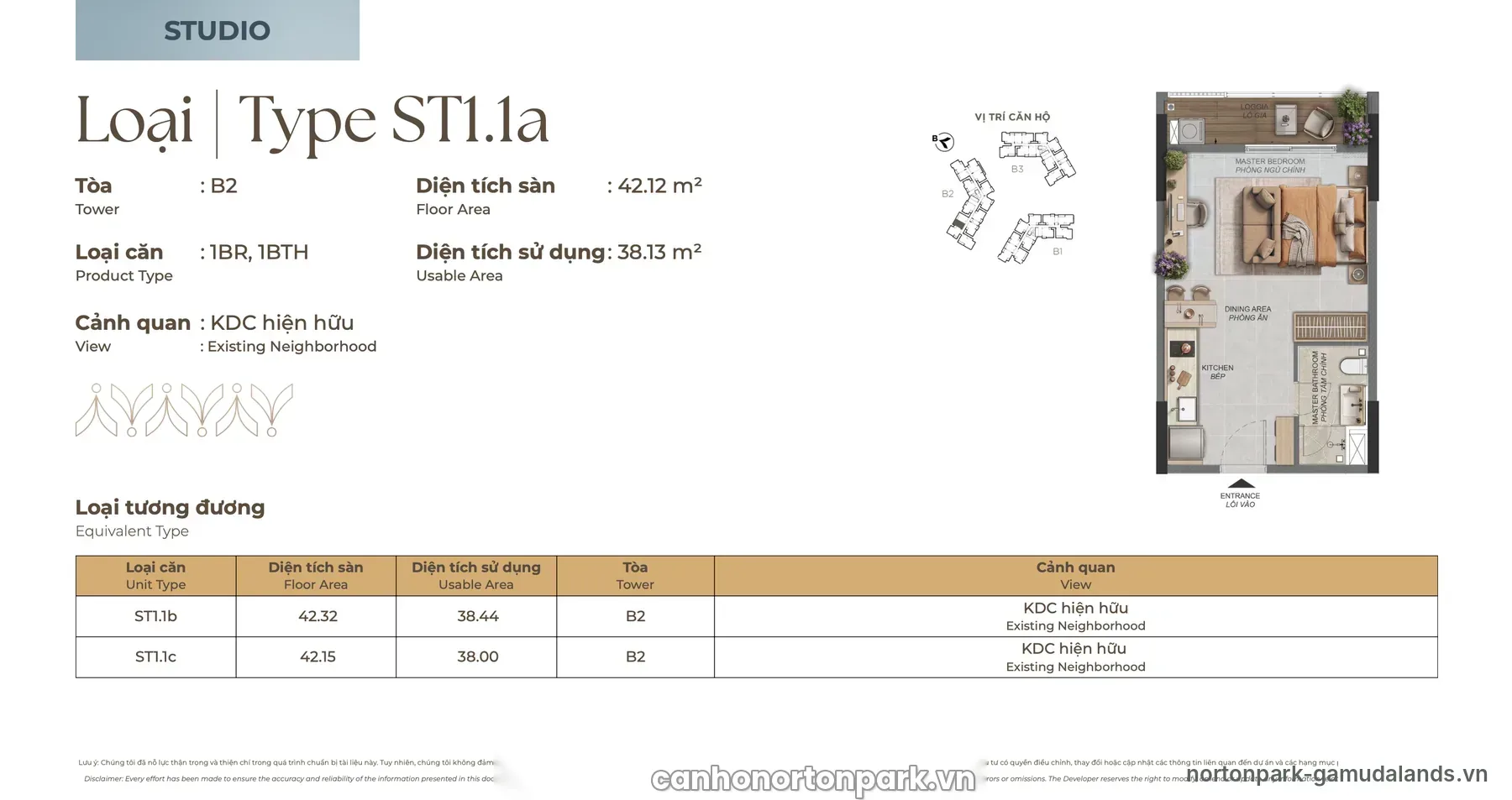 Layout căn Studio ST1.1a Norton Park 42,12 m²