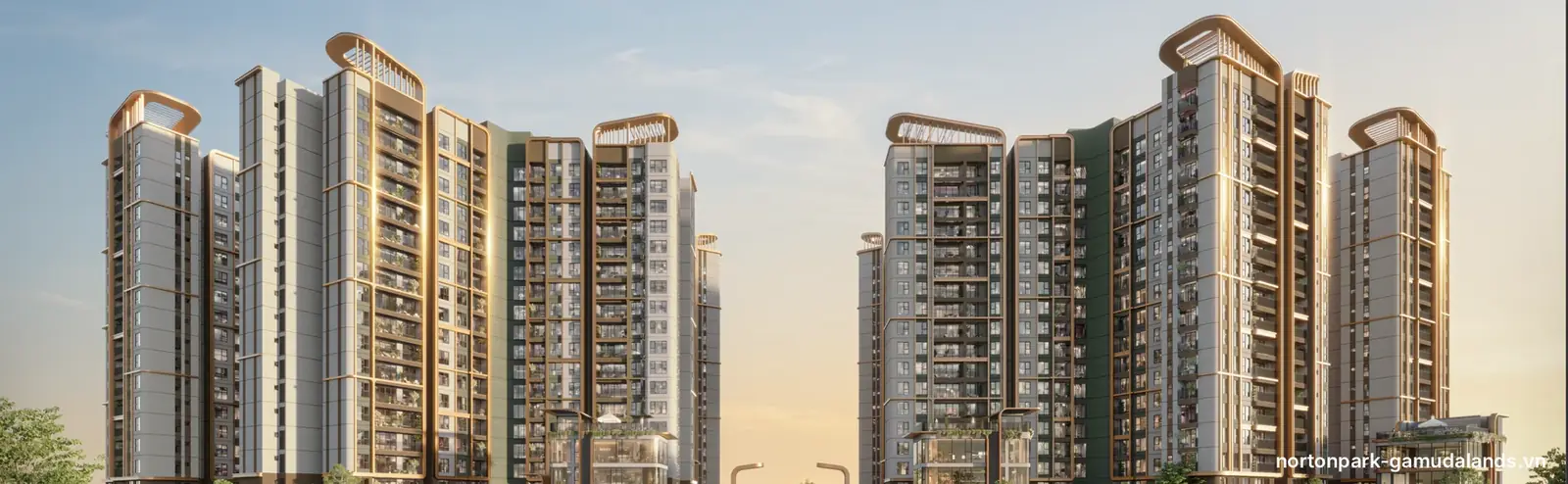 Hai cụm tháp Norton Park và trục cảnh quan trung tâm lúc hoàng hôn
