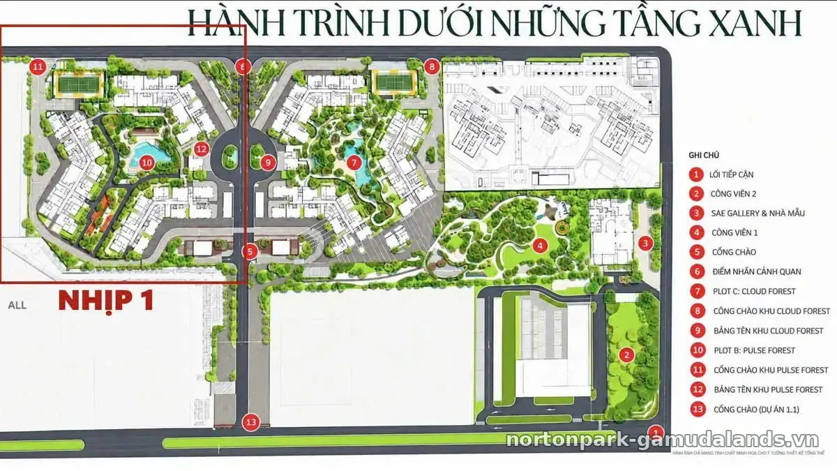 Mặt bằng cảnh quan nhịp 1 dự án Norton Park với công viên và đường dạo