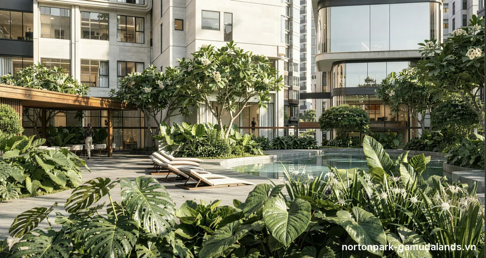 Hồ bơi & cabana Norton Park – Ghế tắm nắng giữa vườn nhiệt đới