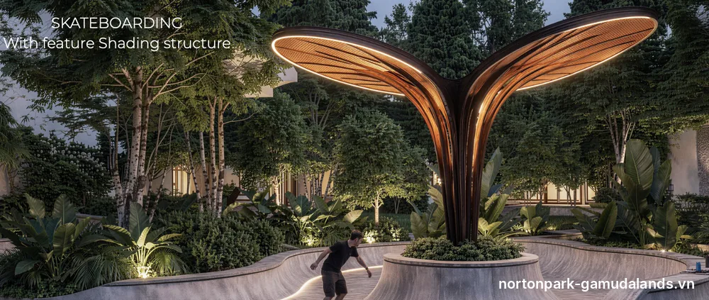 Sân trượt ván Norton Park – Mái che điêu khắc phát sáng về đêm