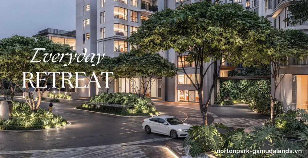 Sảnh đón Everyday Retreat Norton Park – Drop-off xanh mát dưới tán cây