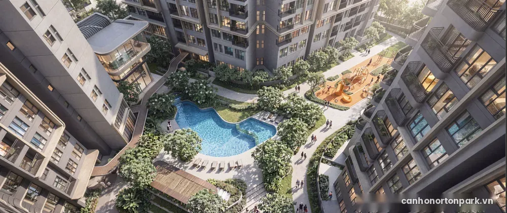 Toàn cảnh nội khu Norton Park – Hồ bơi, sân chơi giữa các tòa tháp